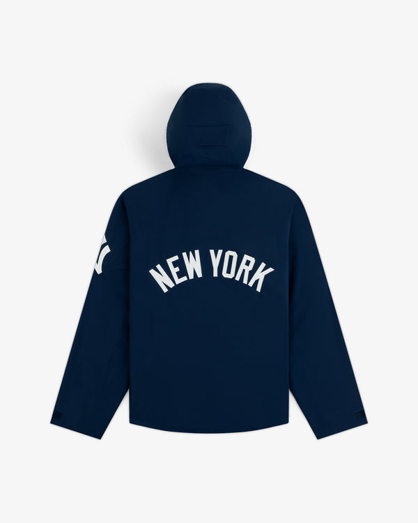 Yankees GORE-TEX Rain Delay Jacket: Navy, hooded, NEW YORK on back, white Y on sleeve.