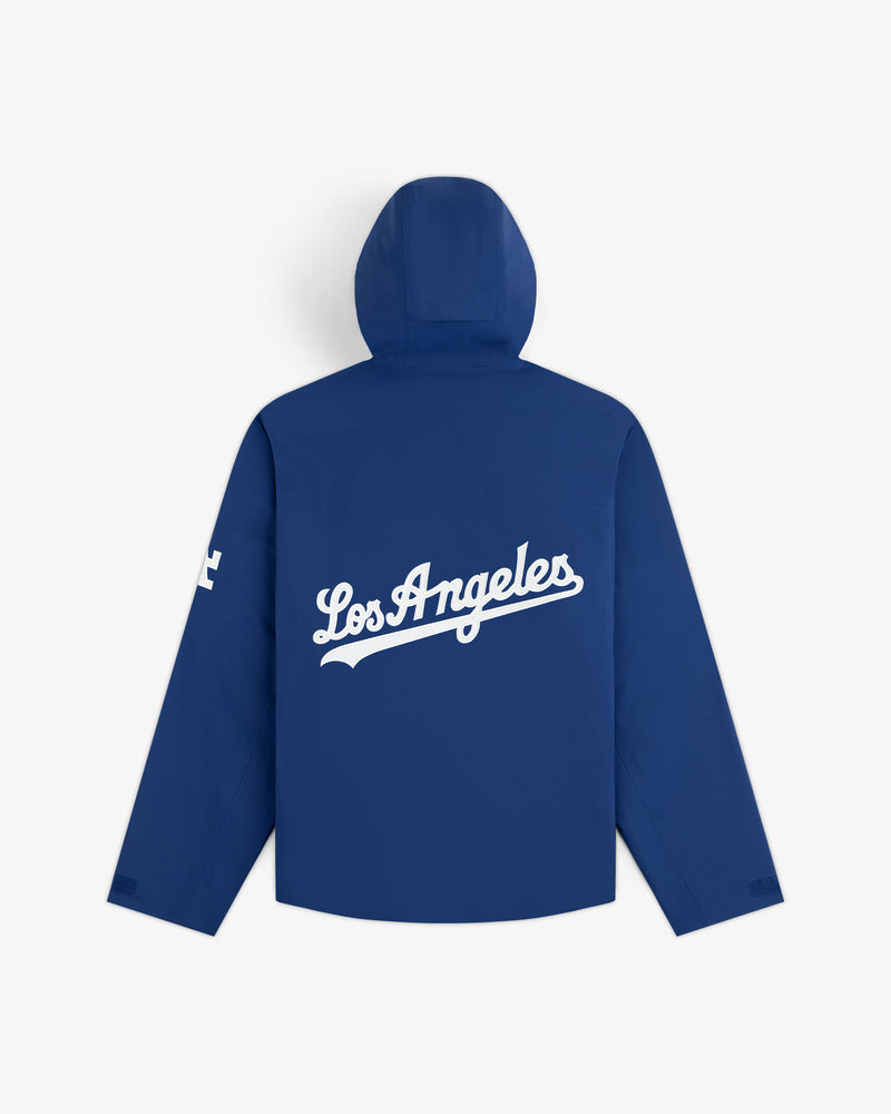 Dodgers GORE-TEX Rain Delay Jacket in blue with Los Angeles in white script on the back.