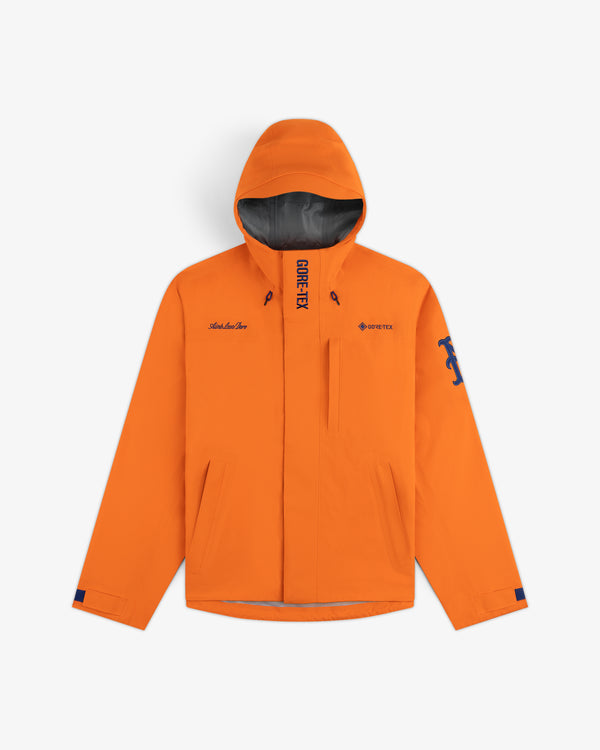 Bright orange Mets GORE-TEX Rain Delay Jacket with 2 zip pockets and navy text on chest and sleeves.