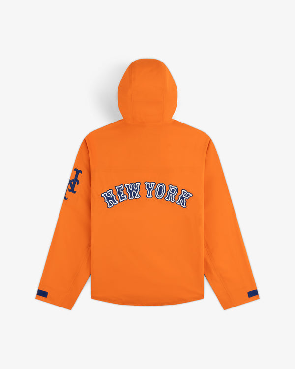 Mets GORE-TEX Rain Delay Jacket: bright orange with NEW YORK on back, blue NY logo on left sleeve.