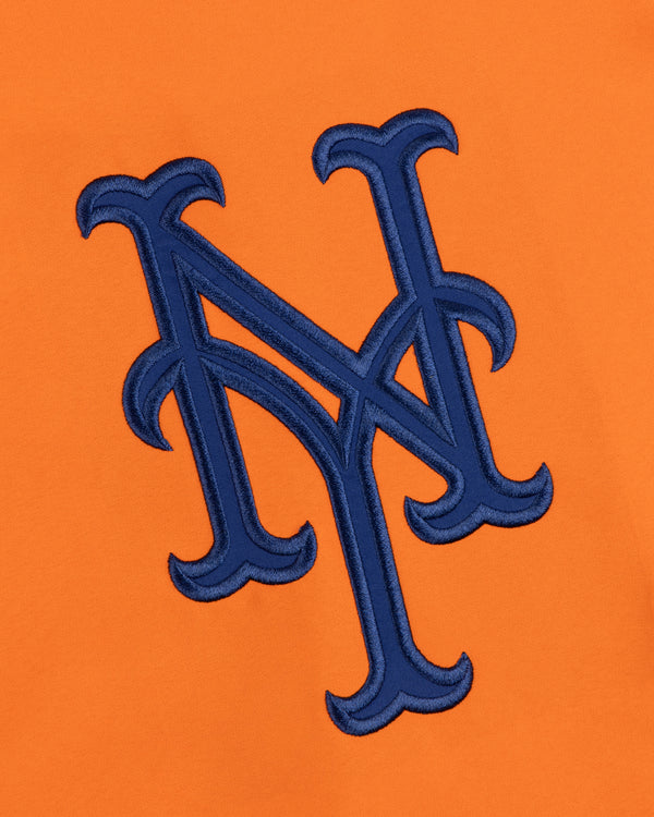Mets GORE-TEX Rain Delay Jacket with blue NY logo on orange, representing the New York Mets.