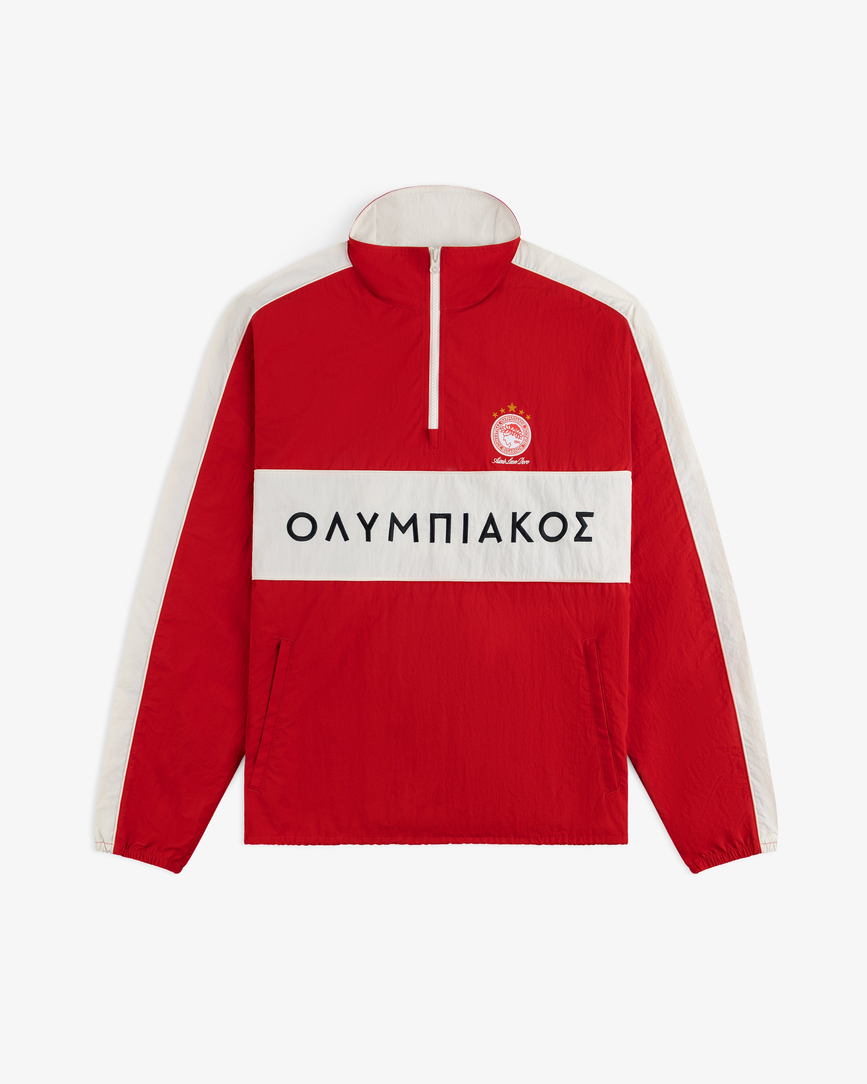 Red and white ALD / Olympiacos F.C. Nylon Quarter Zip Pullover with Greek text across the chest.