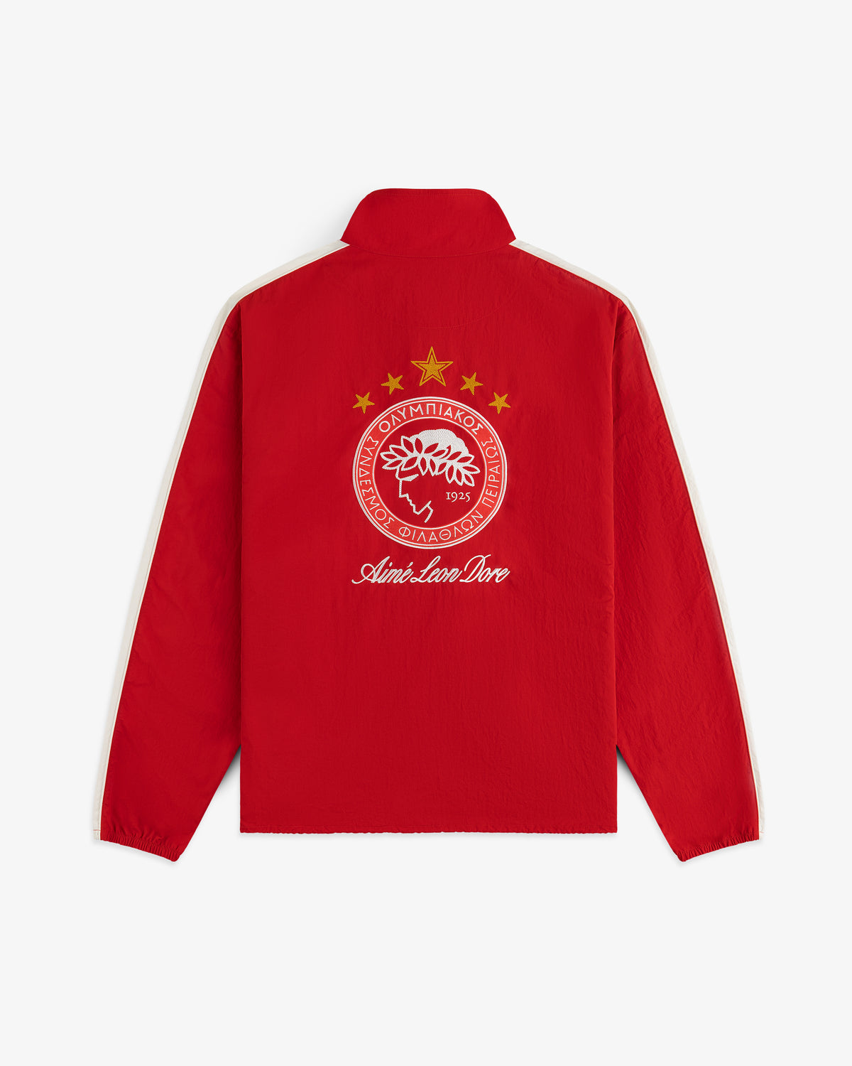 Red ALD / Olympiacos F.C. Nylon Quarter Zip Pullover with a white stripe down the sleeves and a soccer crest on the back.