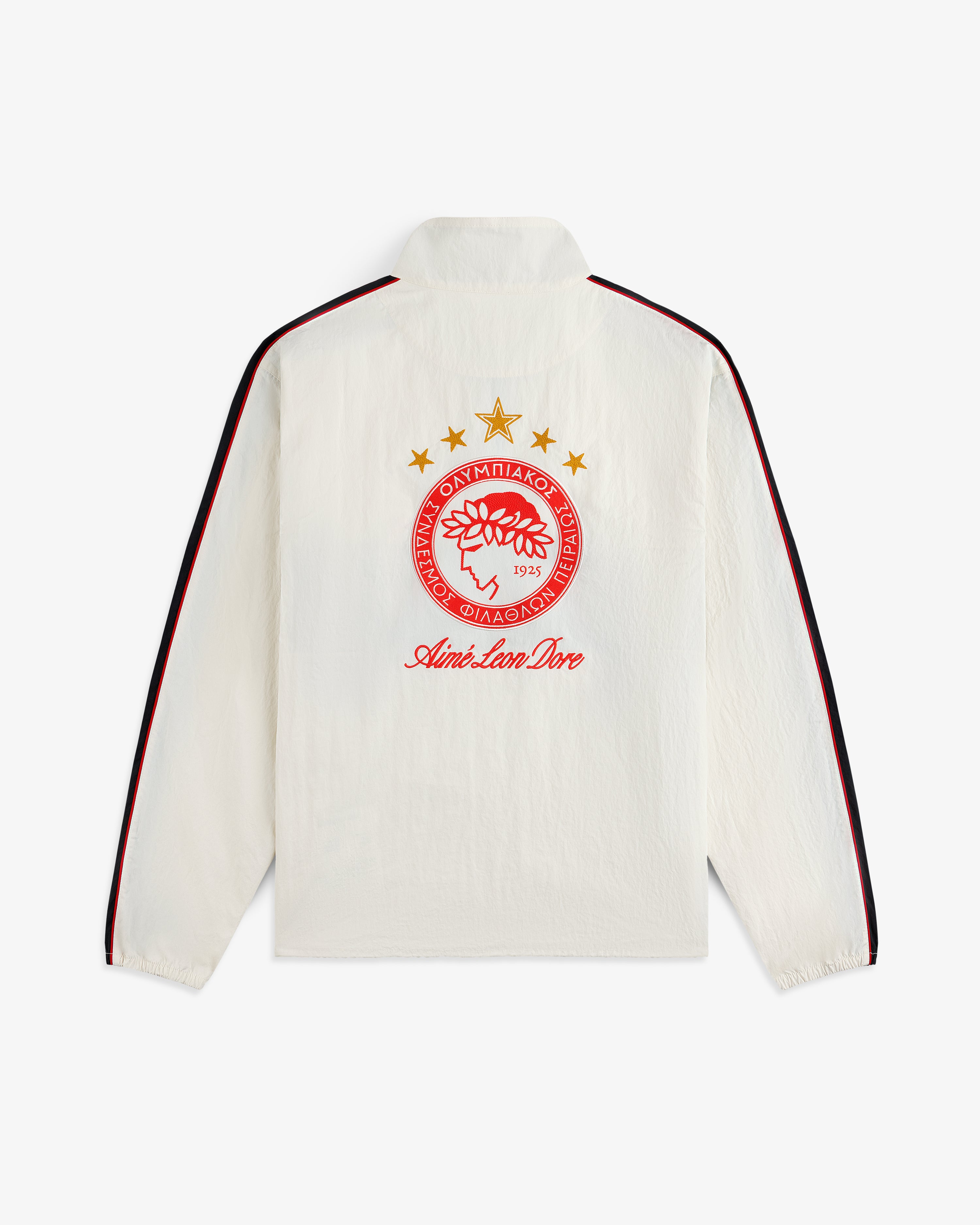 Off-white nylon ALD / Olympiacos F.C. Nylon Quarter Zip Pullover with a red and gold sports crest and brand text on the back.