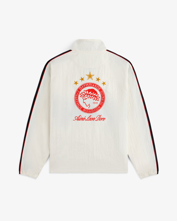 Off-white nylon ALD / Olympiacos F.C. Nylon Quarter Zip Pullover with a red and gold sports crest and brand text on the back.