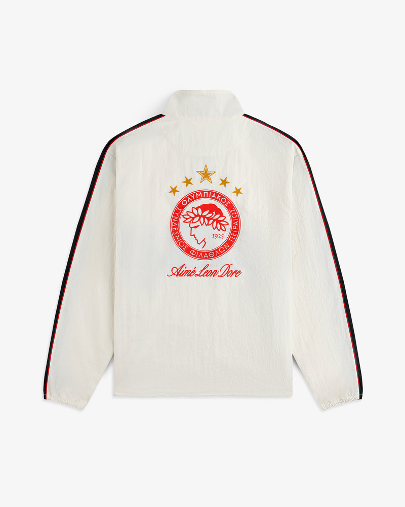 Off-white nylon ALD / Olympiacos F.C. Nylon Quarter Zip Pullover with a red and gold sports crest and brand text on the back.