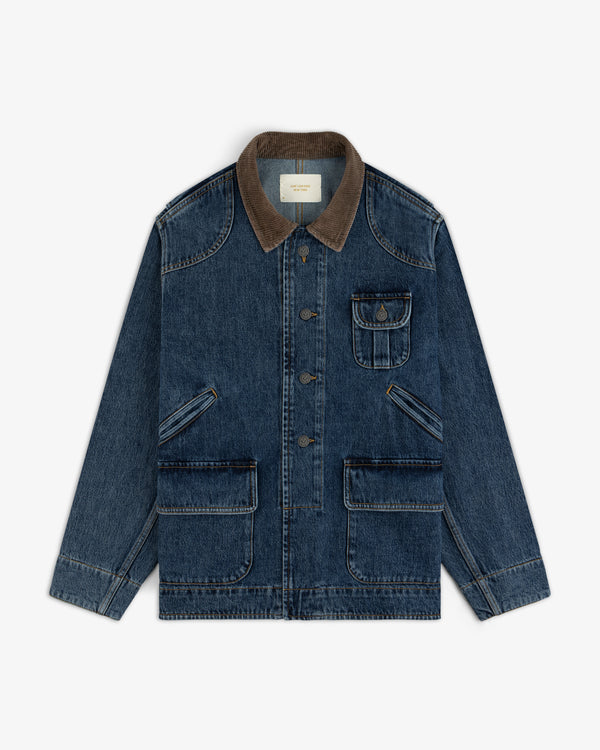 Denim Chore Coat in blue with a brown corduroy collar and four front pockets.