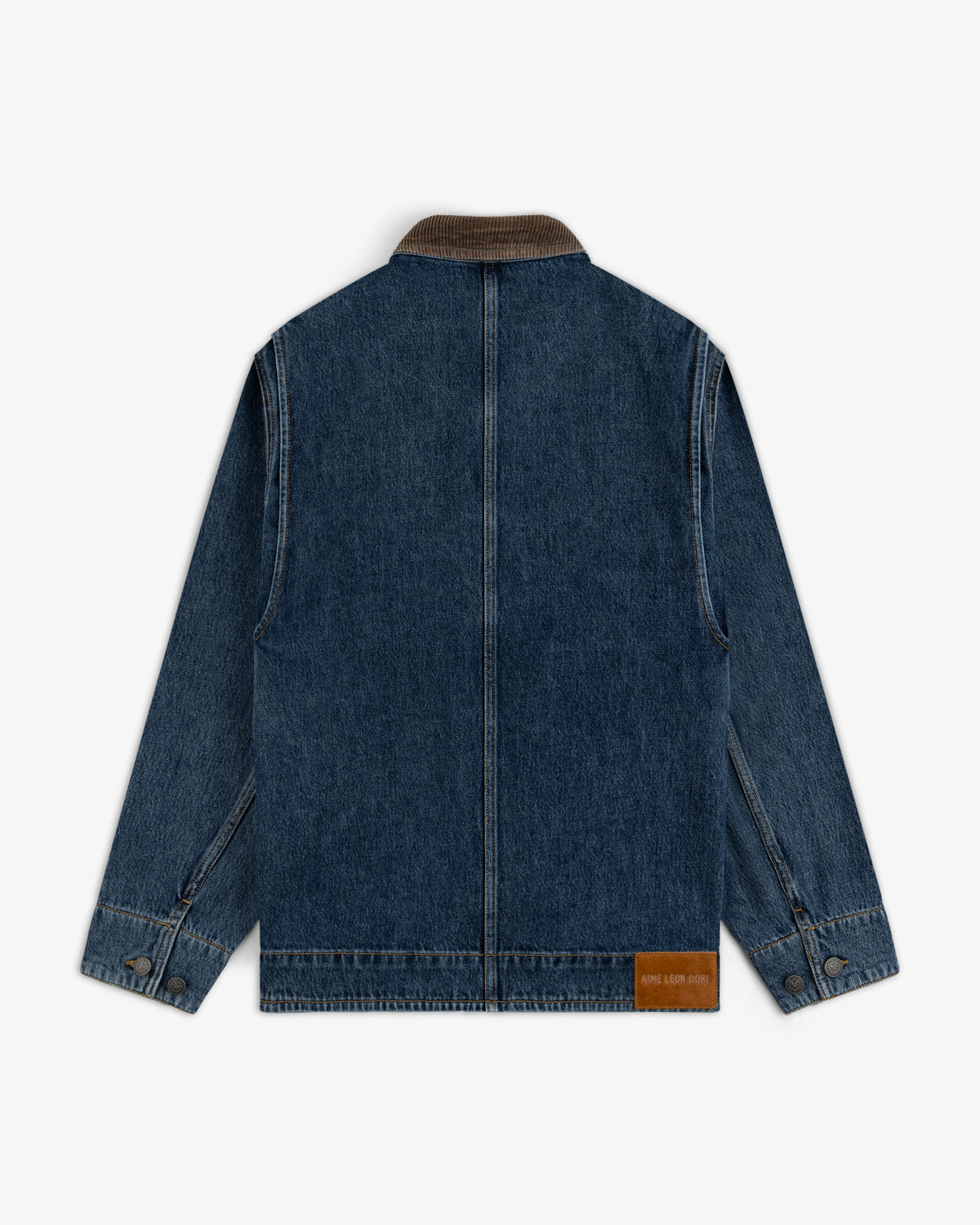 Back view of a Denim Chore Coat in blue denim with a brown corduroy collar and a leather brand patch at the hem.