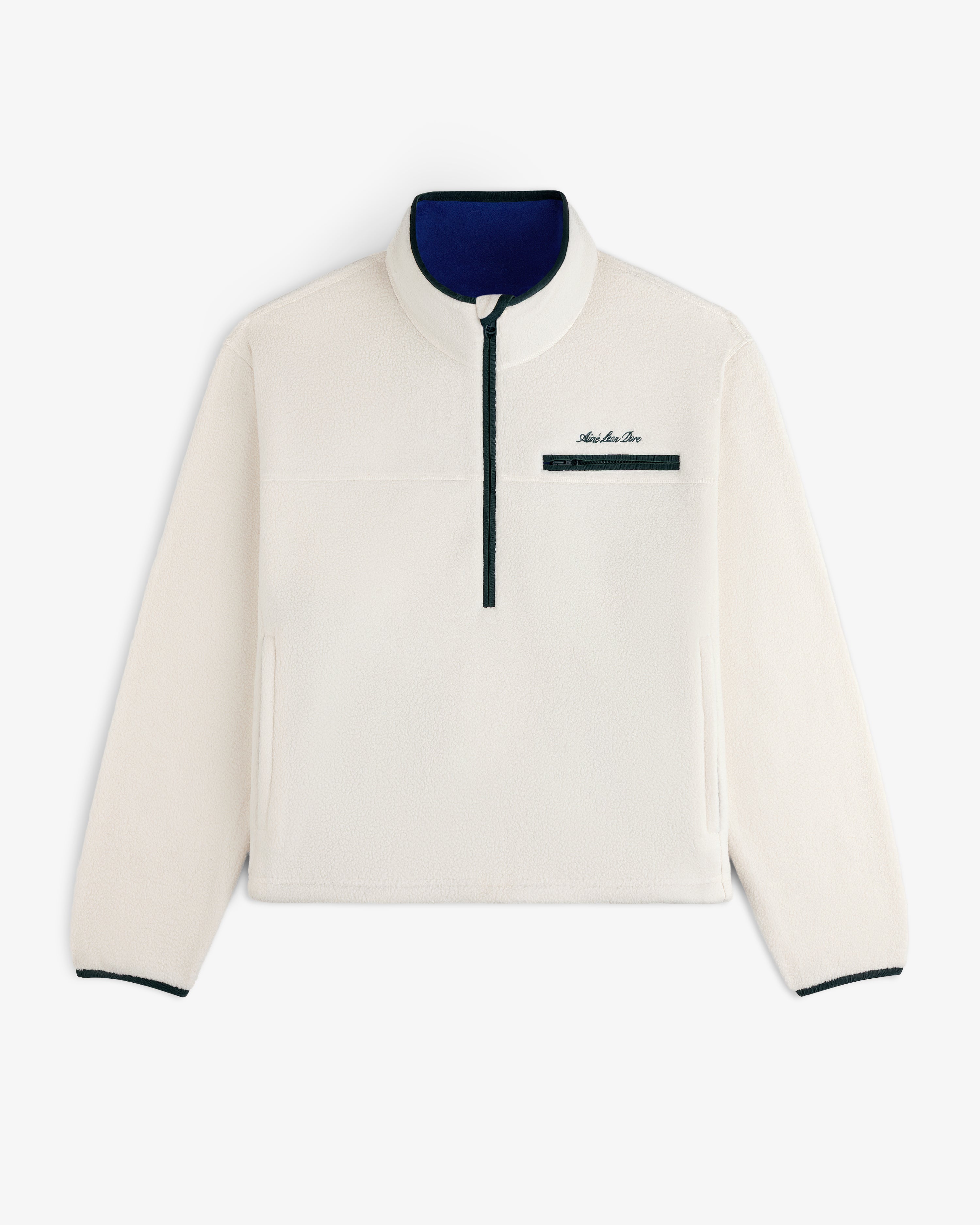 Off-white Script Fleece Half Zip Pullover with a navy blue zippered chest pocket and blue interior collar.