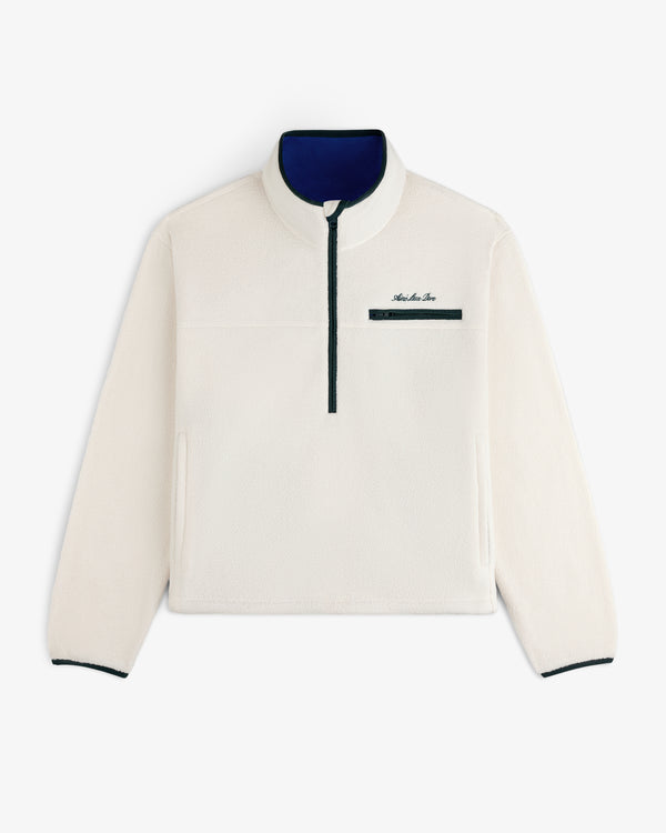 Off-white Script Fleece Half Zip Pullover with a navy blue zippered chest pocket and blue interior collar.