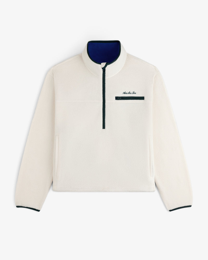 Off-white Script Fleece Half Zip Pullover with a navy blue zippered chest pocket and blue interior collar.