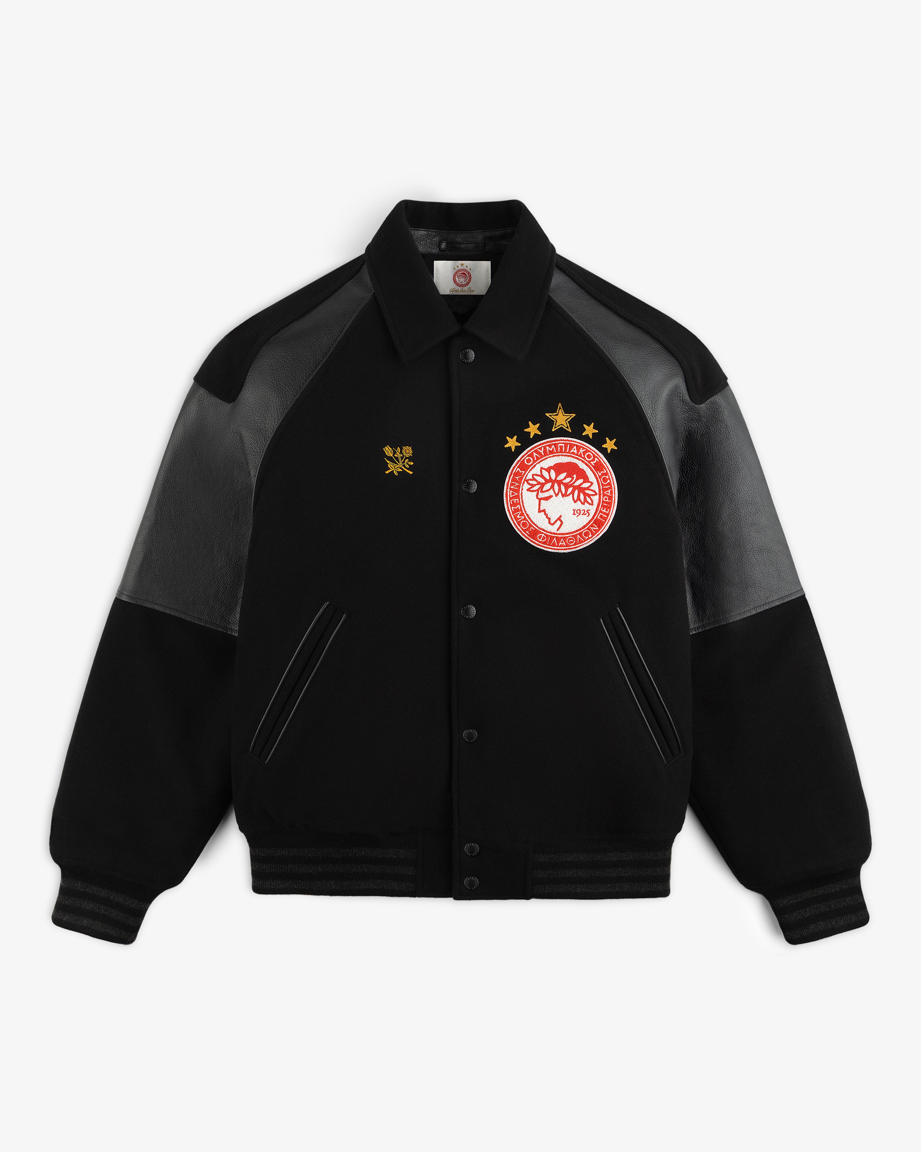 ALD / Olympiacos F.C. Team Leather Jacket: black varsity style with leather sleeves, soccer emblem, and gold embroidery.