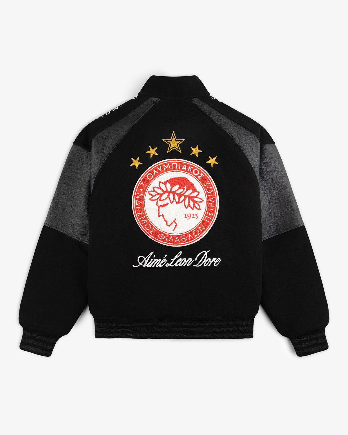 Black ALD / Olympiacos F.C. Team Leather Jacket with an Olympiacos F.C. logo and Aimé Leon Dore text on the back.