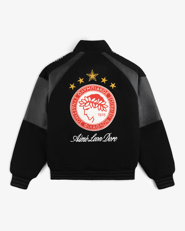 Black ALD / Olympiacos F.C. Team Leather Jacket with an Olympiacos F.C. logo and Aimé Leon Dore text on the back.