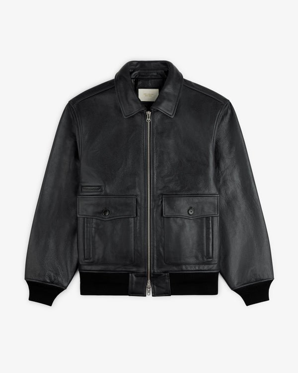 Napa Leather Bomber Jacket in black featuring a front zipper, two buttoned pockets, and ribbed cuffs.