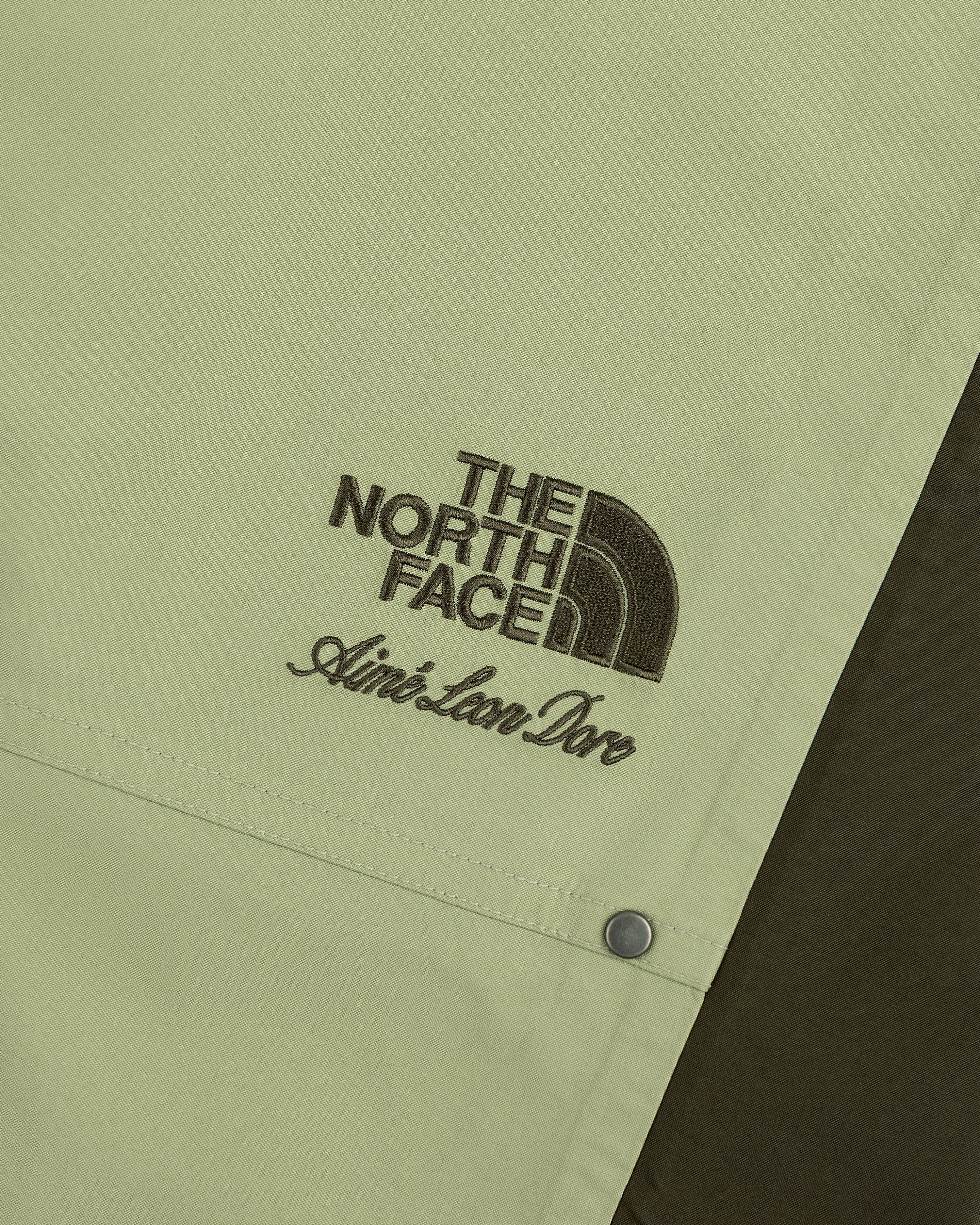 Close-up of ALD / The North Face GORE-TEX Pant with embroidered logos in brown thread.