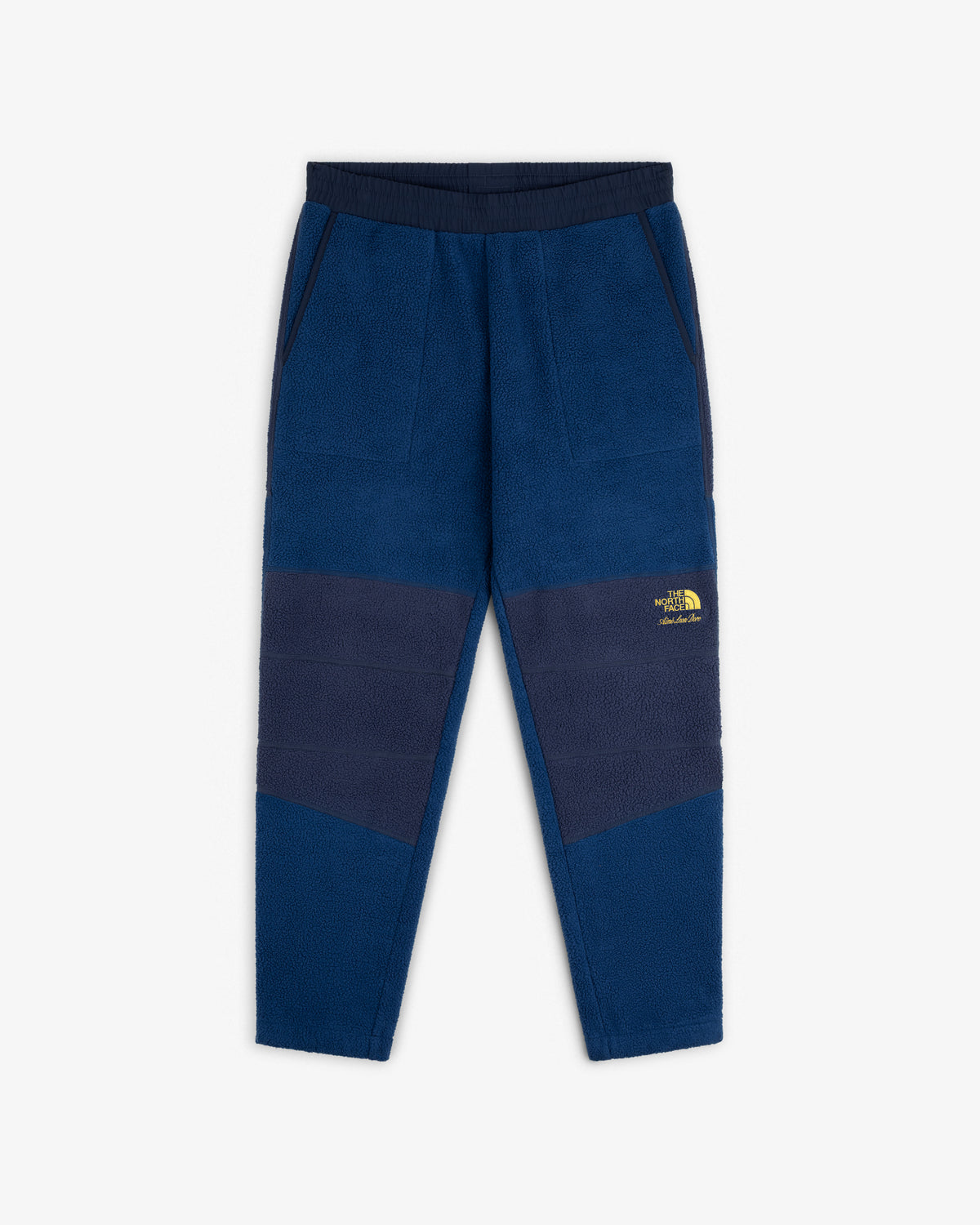 ALD/The North Face Denali Fleece Pant: blue joggers with dark panels, elastic waist, side pockets, yellow logo.