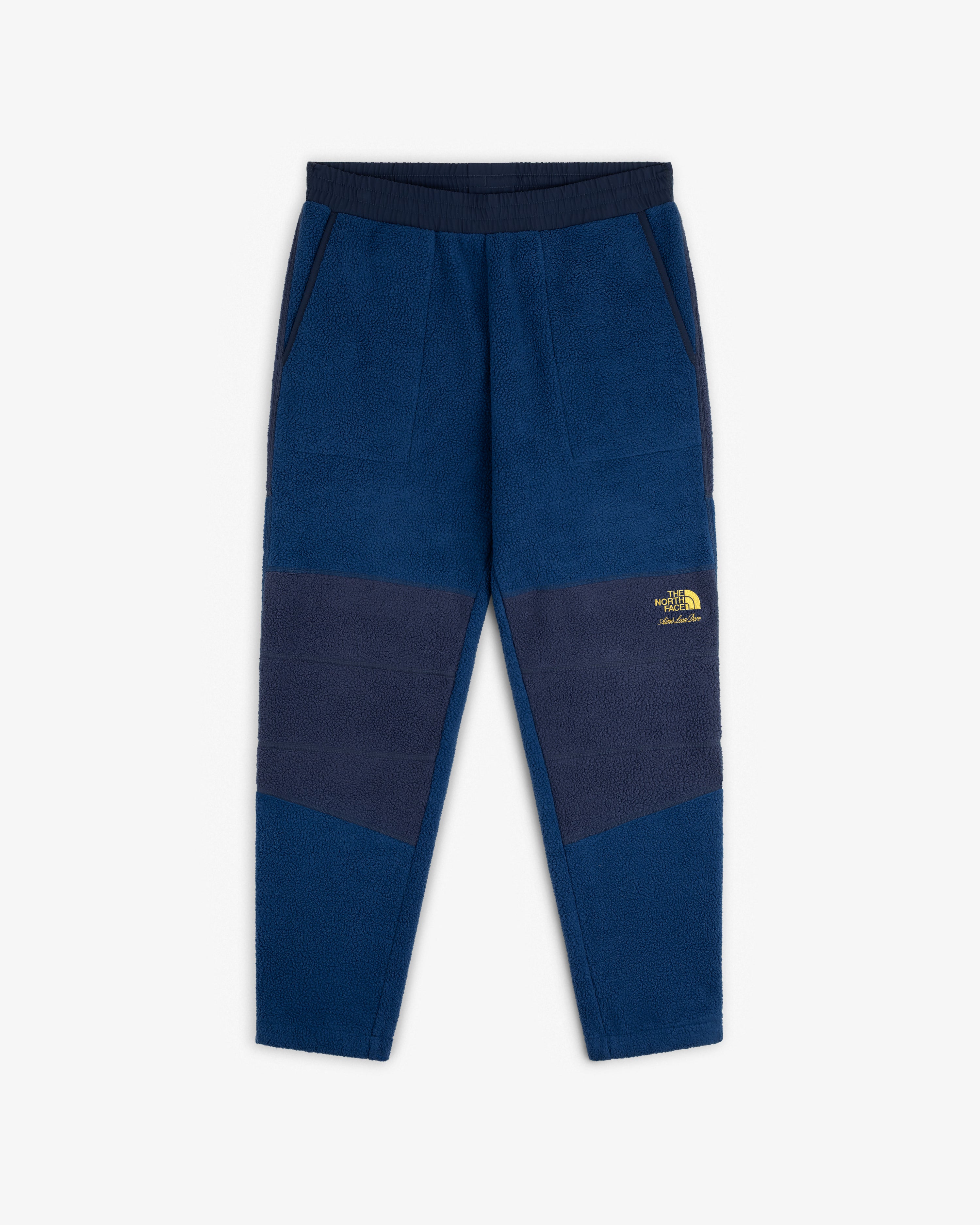 ALD/The North Face Denali Fleece Pant: blue joggers with dark panels, elastic waist, side pockets, yellow logo.