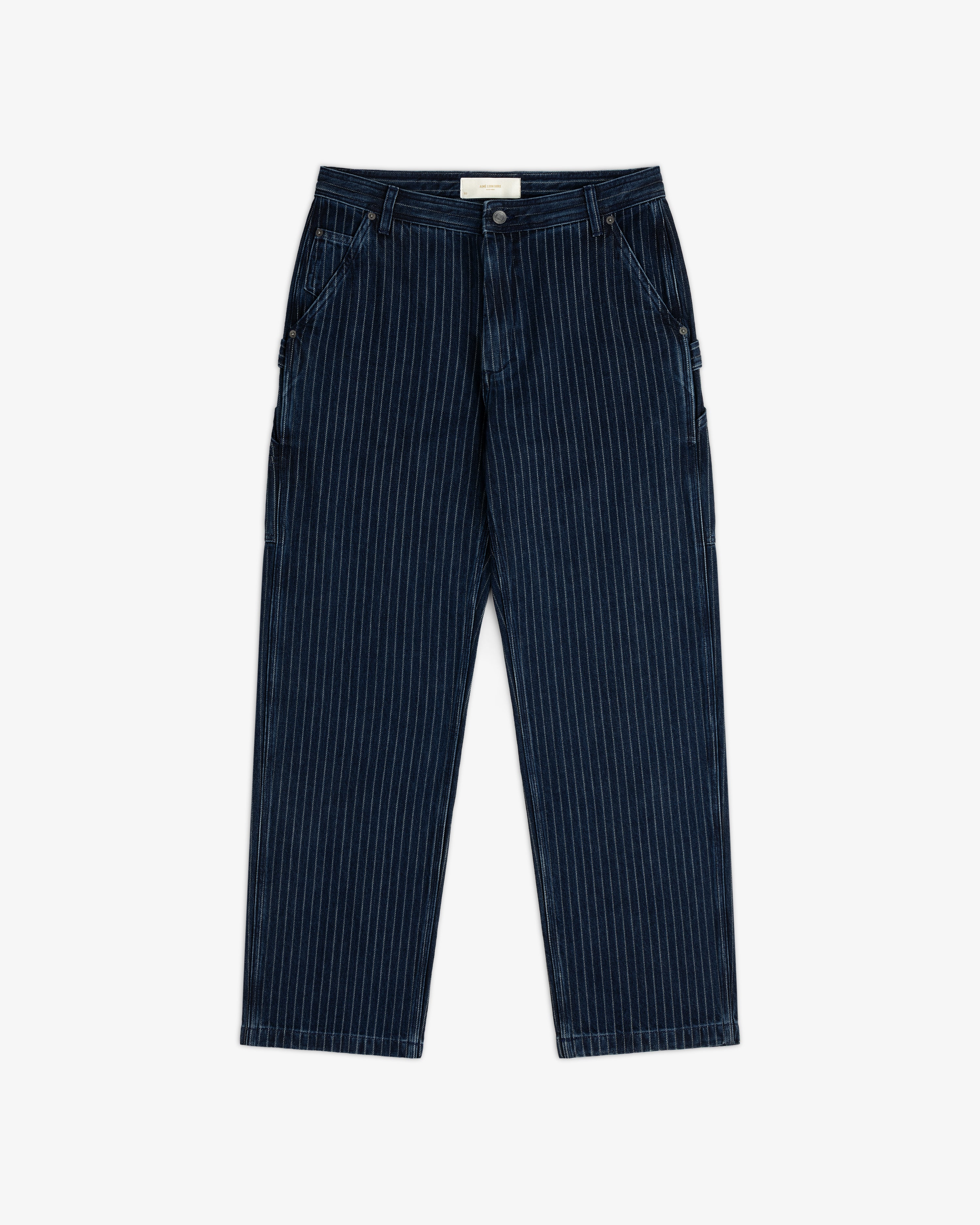 Chalk Stripe Painter Pant in dark blue with straight-leg cut, displayed flat against a white background.