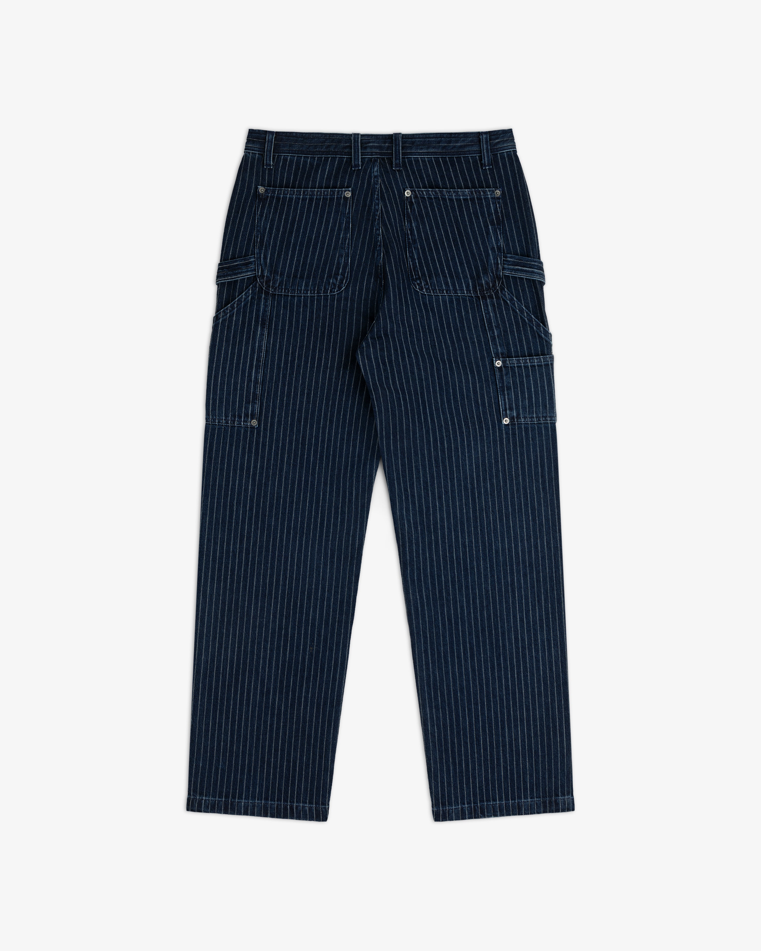 Chalk Stripe Painter Pant in navy blue with multiple pockets, laid flat on a white background.