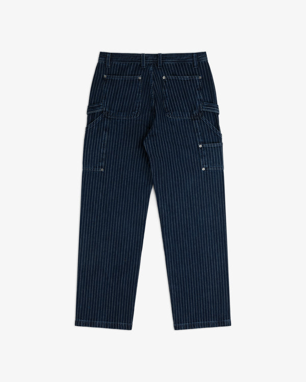 Chalk Stripe Painter Pant in navy blue with multiple pockets, laid flat on a white background.