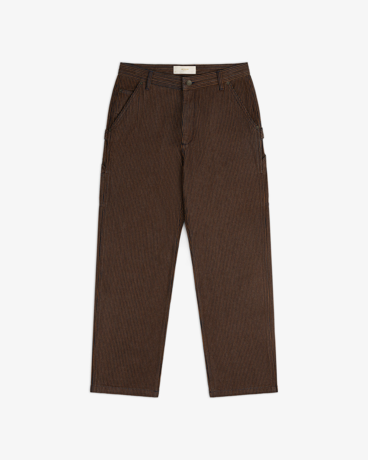 Hickory Stripe Painter Pant: brown with thin white vertical stripes, straight legs, front pockets, shown flat on white.