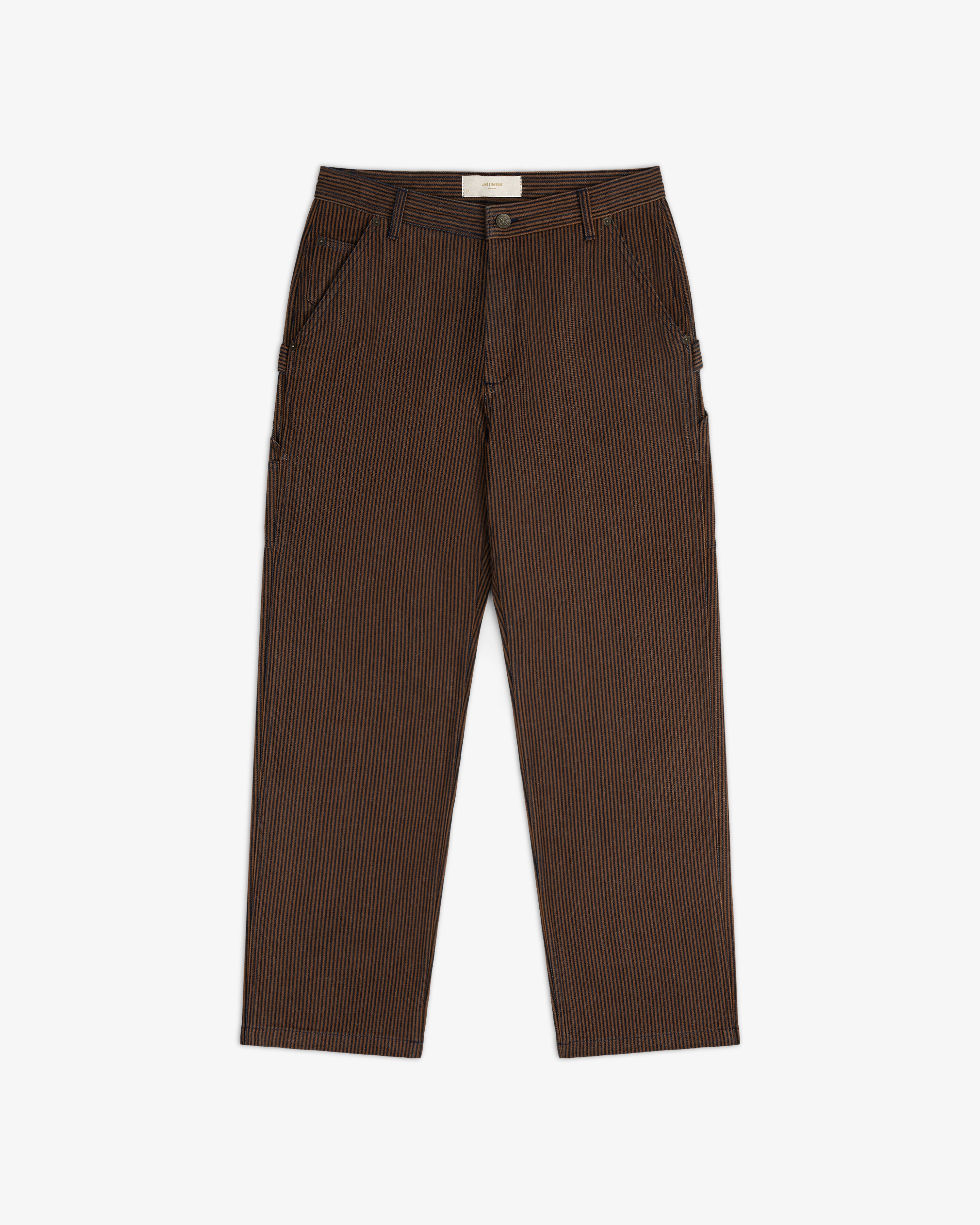 Hickory Stripe Painter Pant: brown with thin white vertical stripes, straight legs, front pockets, shown flat on white.