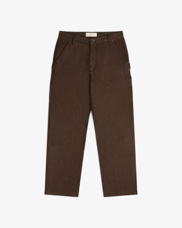 Hickory Stripe Painter Pant: brown with thin white vertical stripes, straight legs, front pockets, shown flat on white.