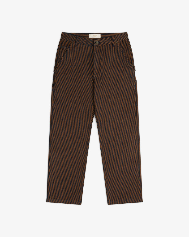 Hickory Stripe Painter Pant: brown with thin white vertical stripes, straight legs, front pockets, shown flat on white.