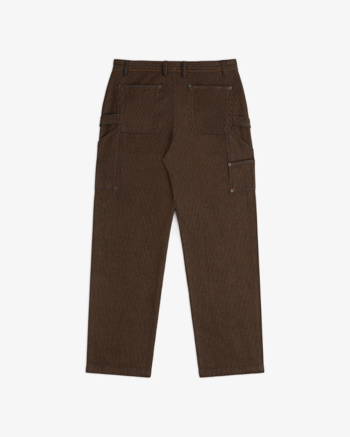 Hickory Stripe Painter Pant, back view with multiple pockets, brown pinstripes, laid flat on white background.