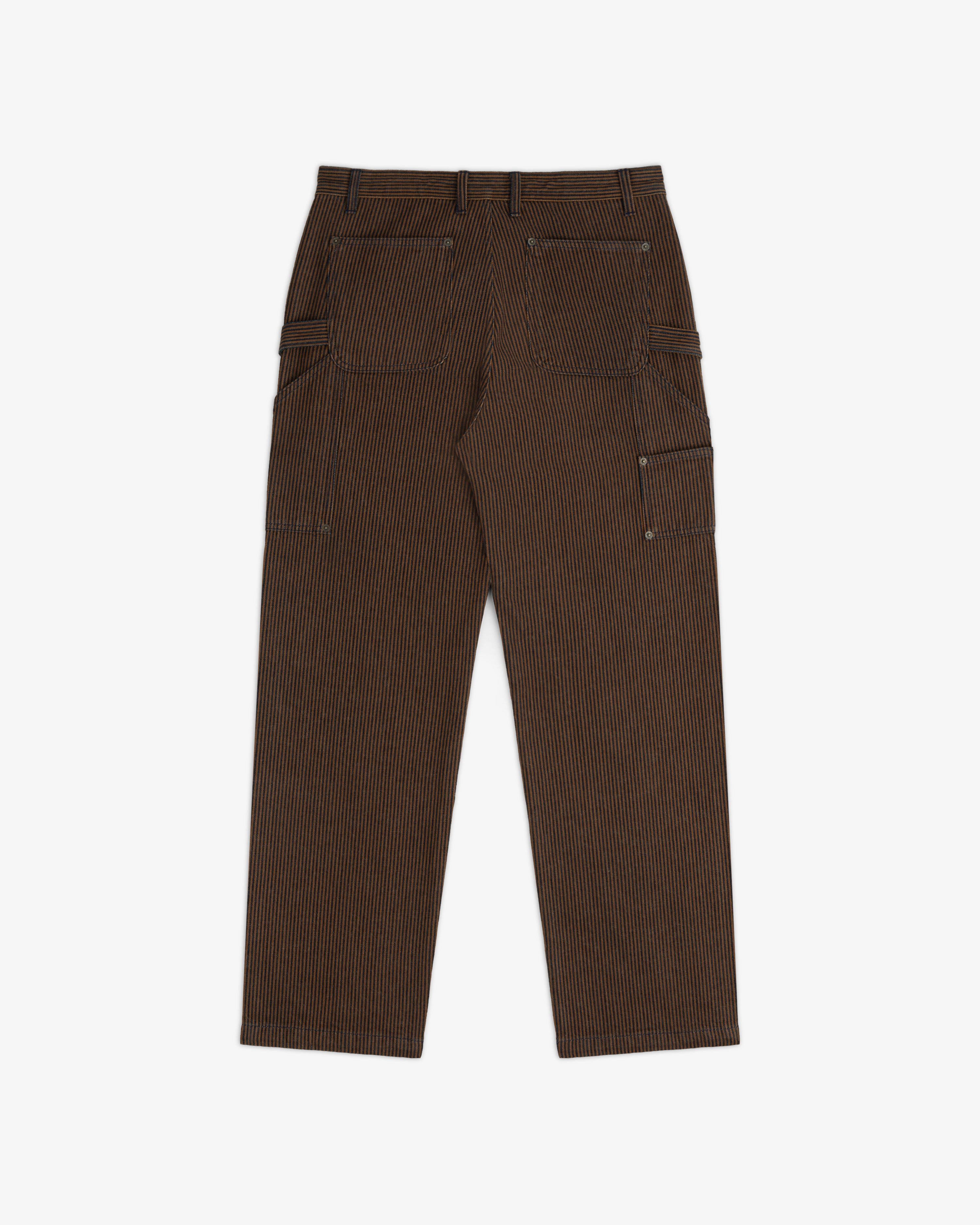 Hickory Stripe Painter Pant, back view with multiple pockets, brown pinstripes, laid flat on white background.