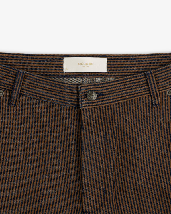Hickory Stripe Painter Pant in brown and navy with belt loops, visible button, and white waistband label.