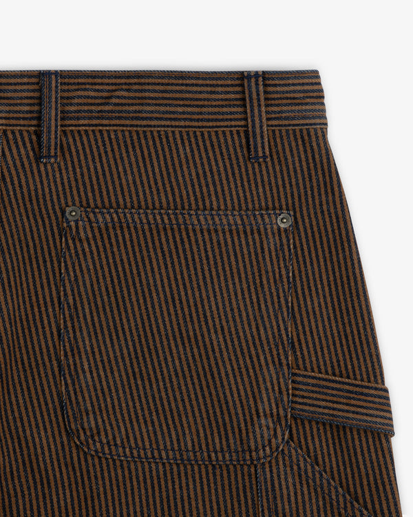 Close-up of Hickory Stripe Painter Pant pocket with belt loops and metal rivets on a white background.