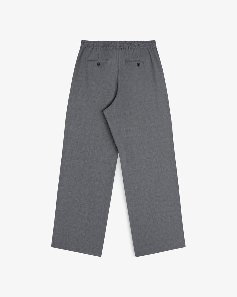 Houndstooth trousers with a straight-leg fit, elastic waist, and two buttoned back pockets, laid flat.