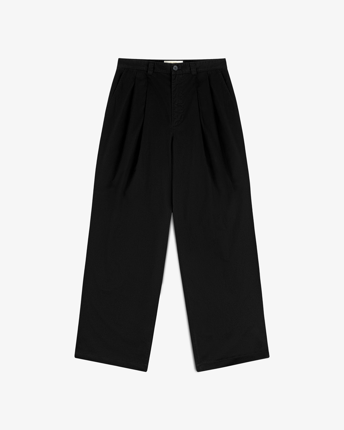 Double Pleated Officer Pant in black with button and zip, wide-leg, pleats; laid flat on white background.