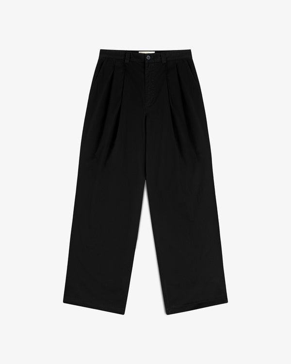 Double Pleated Officer Pant in black with button and zip, wide-leg, pleats; laid flat on white background.