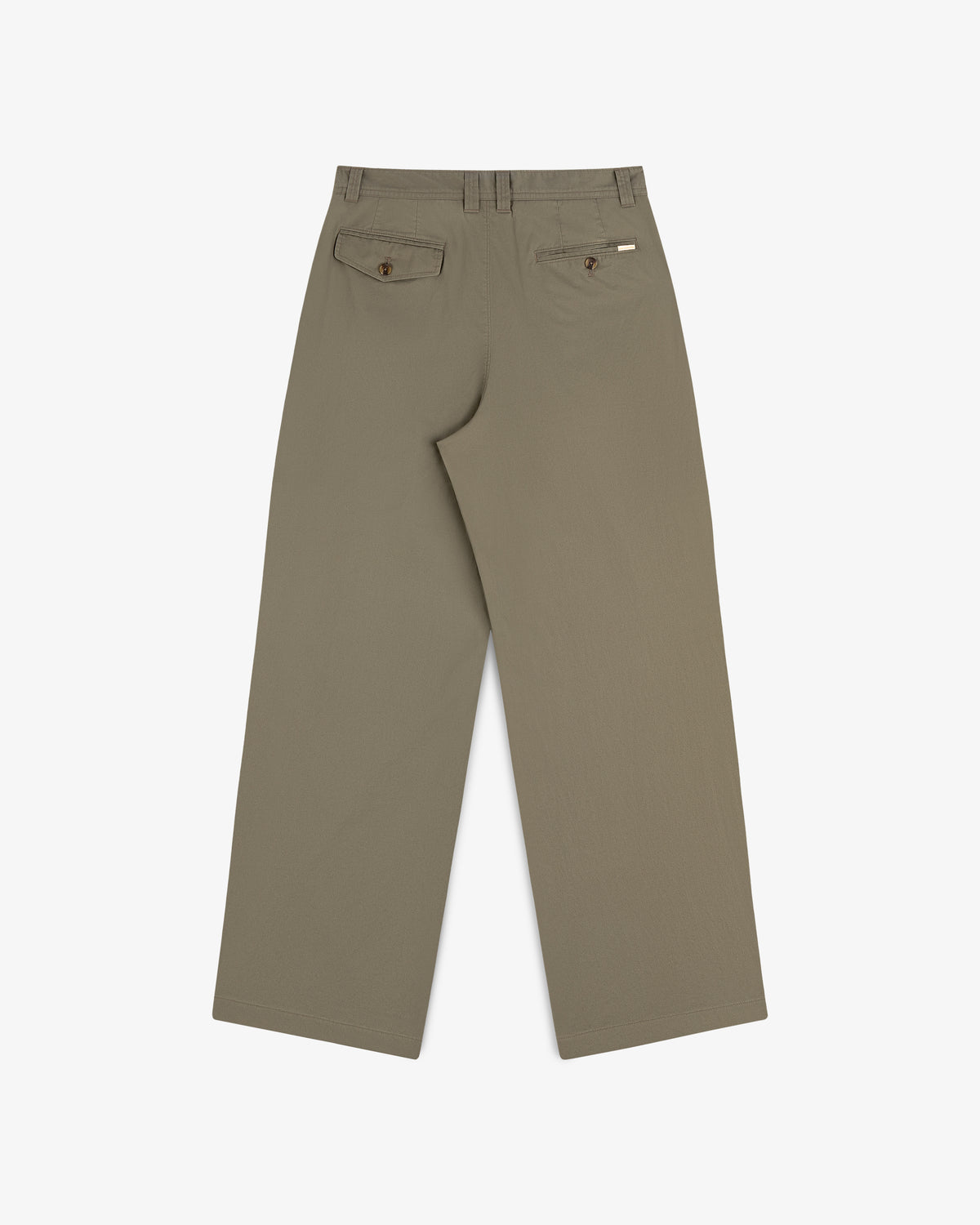 Back view of Double Pleated Officer Pant in olive green with belt loops and two buttoned back pockets on white background.