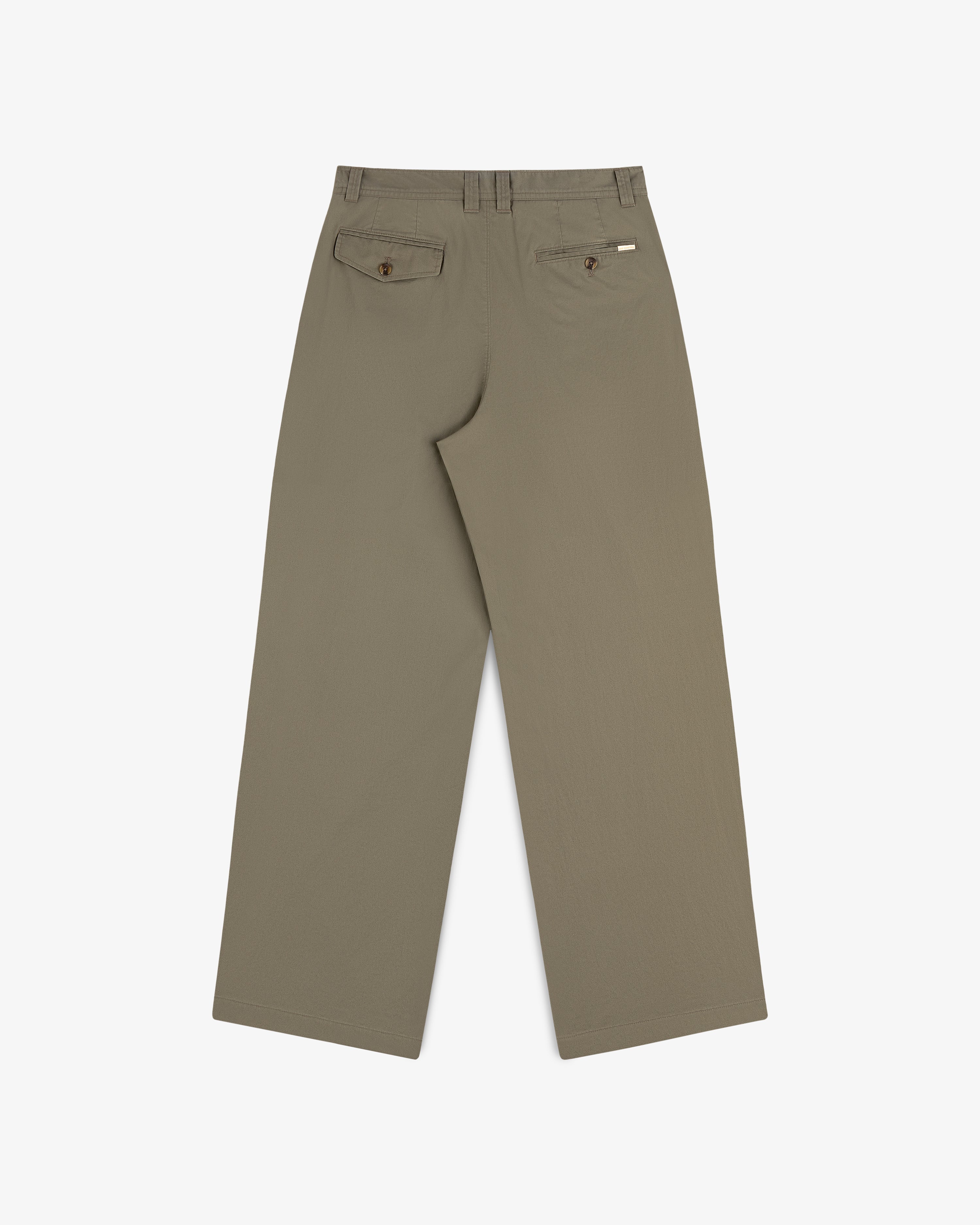 Back view of Double Pleated Officer Pant in olive green with belt loops and two buttoned back pockets on white background.