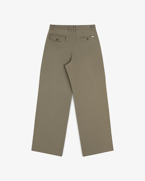 Back view of Double Pleated Officer Pant in olive green with belt loops and two buttoned back pockets on white background.