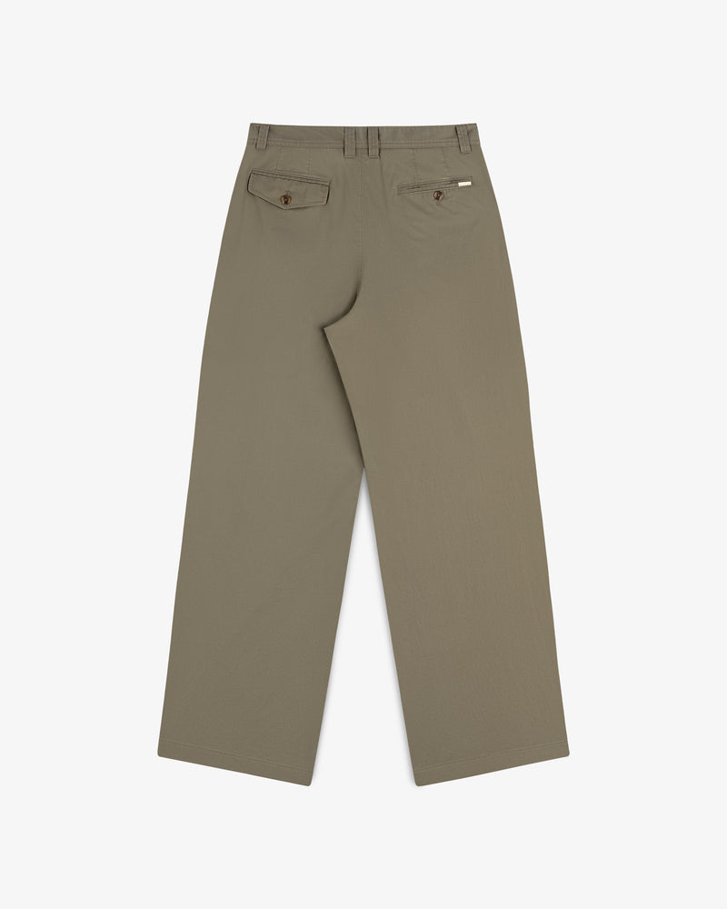 Back view of Double Pleated Officer Pant in olive green with belt loops and two buttoned back pockets on white background.