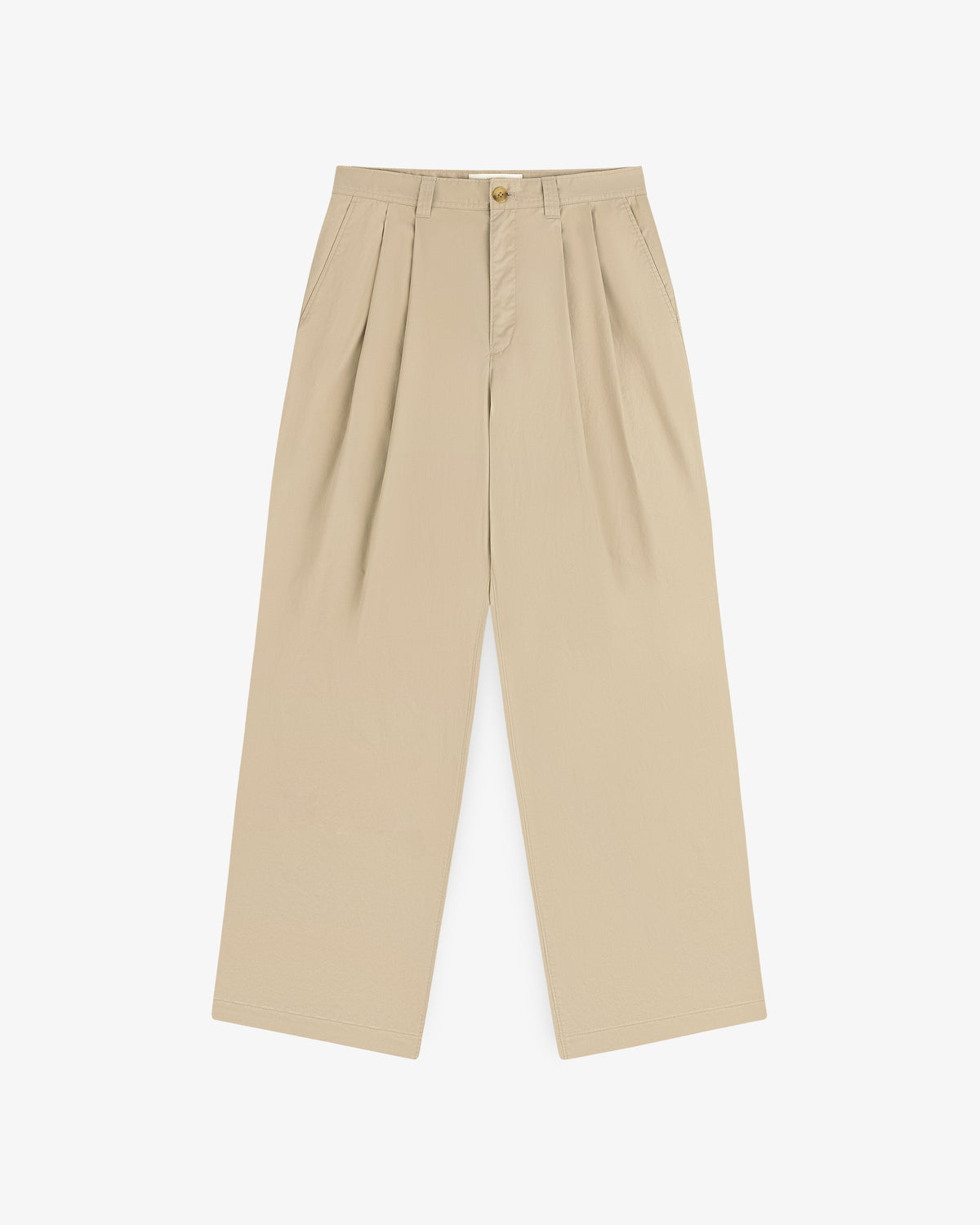 Double Pleated Officer Pant in beige, high-waisted with wide legs, front button, and zip, shown flat on white.