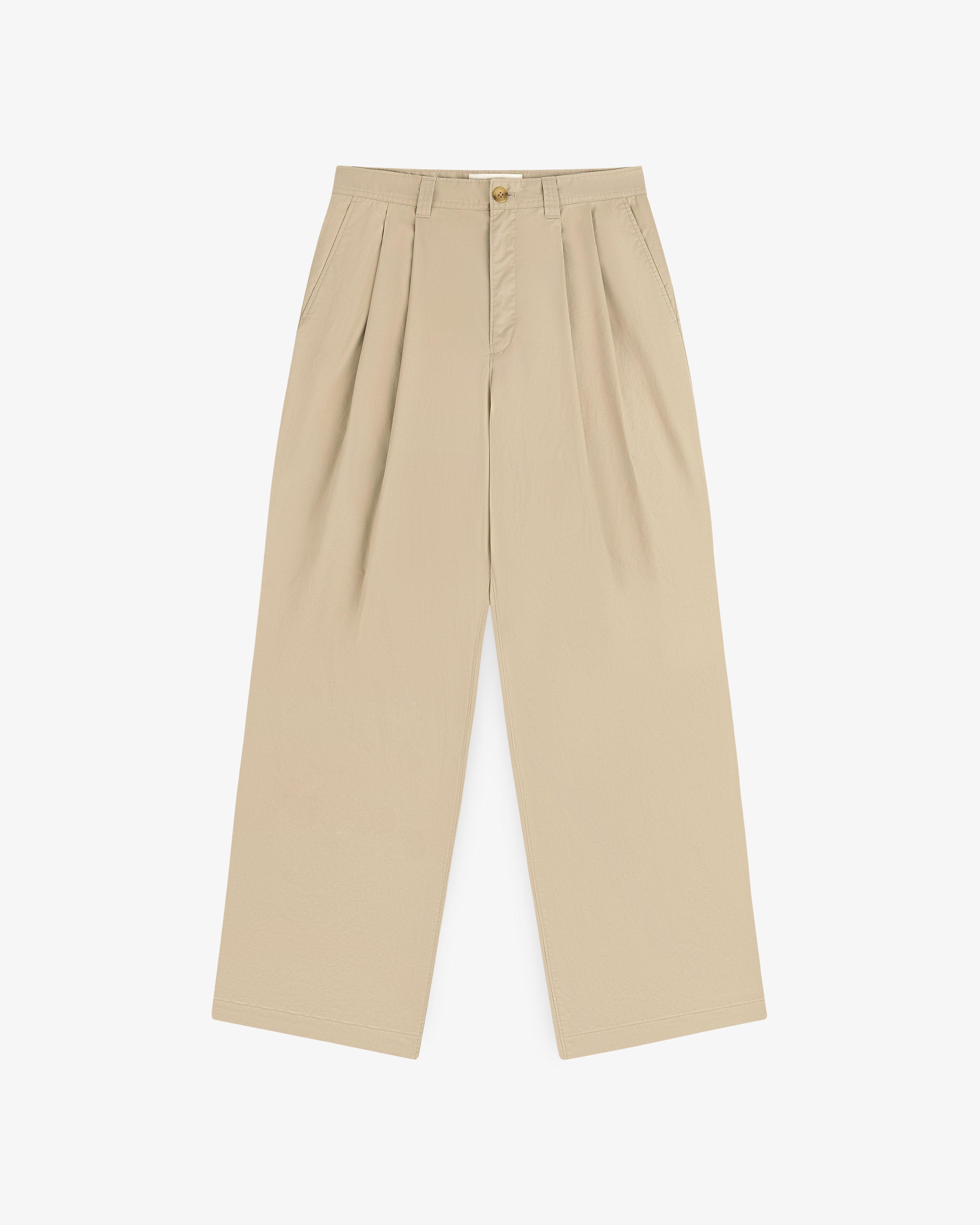 Double Pleated Officer Pant in beige, high-waisted with wide legs, front button, and zip, shown flat on white.
