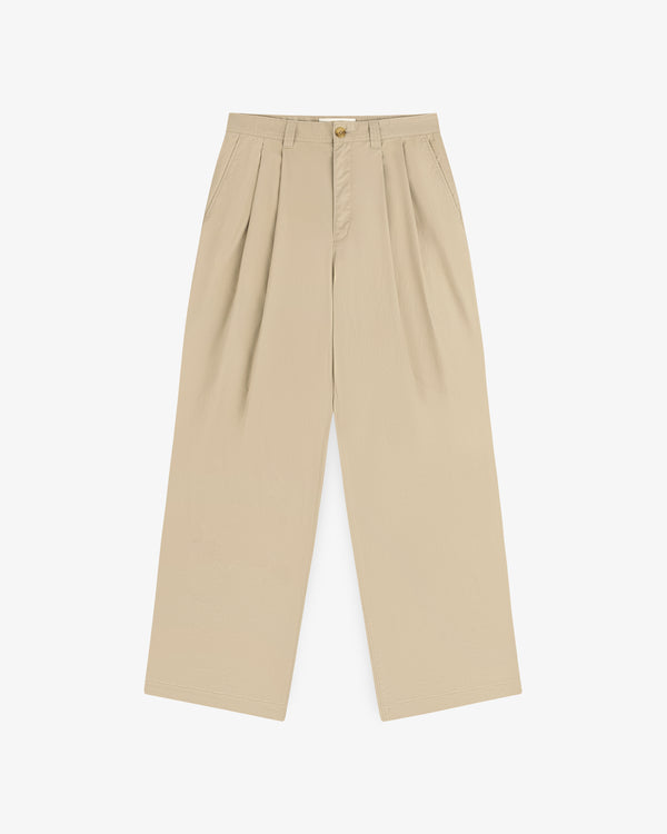 Double Pleated Officer Pant in beige, high-waisted with wide legs, front button, and zip, shown flat on white.