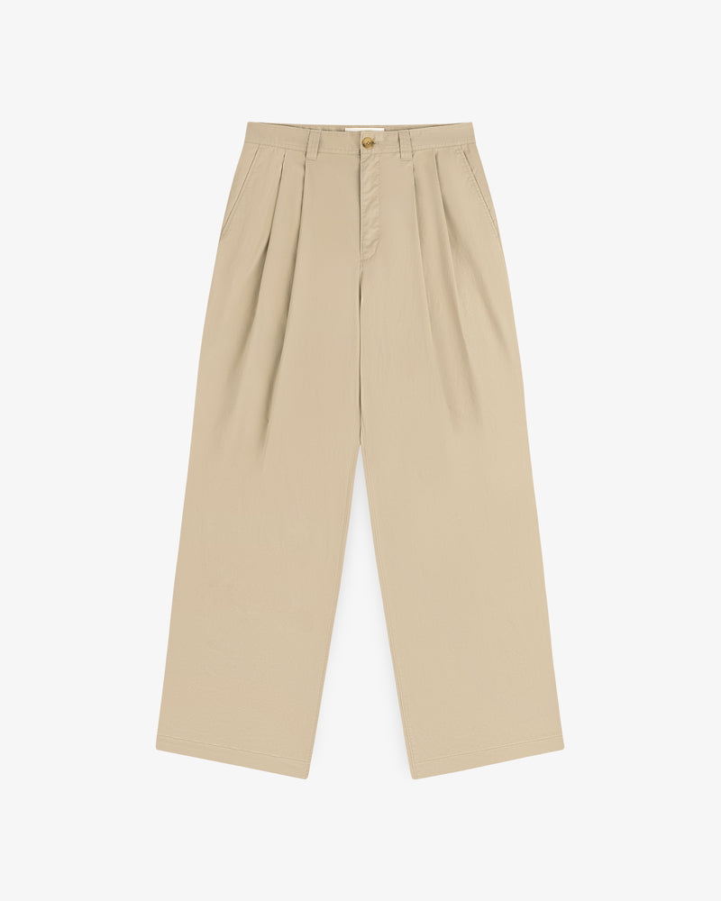 Double Pleated Officer Pant in beige, high-waisted with wide legs, front button, and zip, shown flat on white.