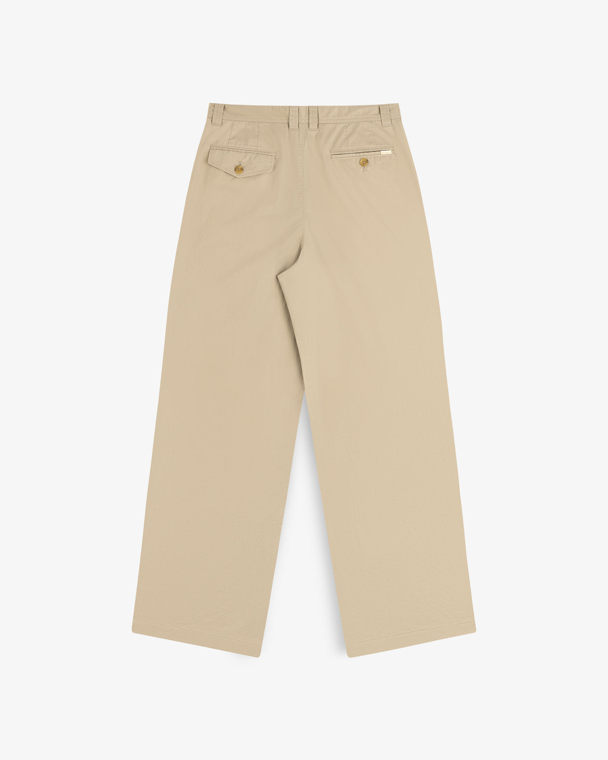 Double Pleated Officer Pant in tan, wide-leg, rear view with two buttoned pockets and a white tag above the right pocket.