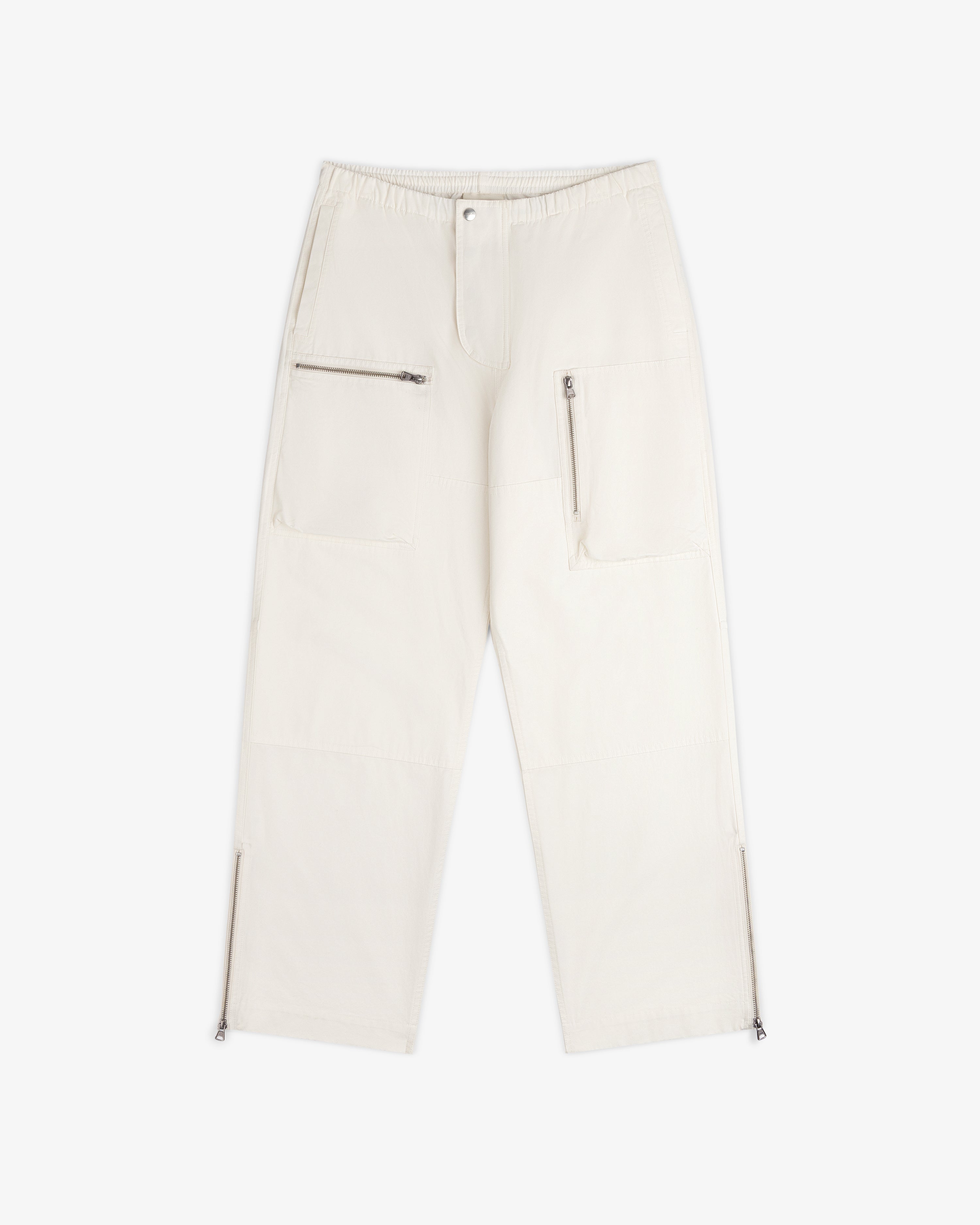 Garment Washed Aviator Pant in off-white with utility pockets and zippered leg openings.