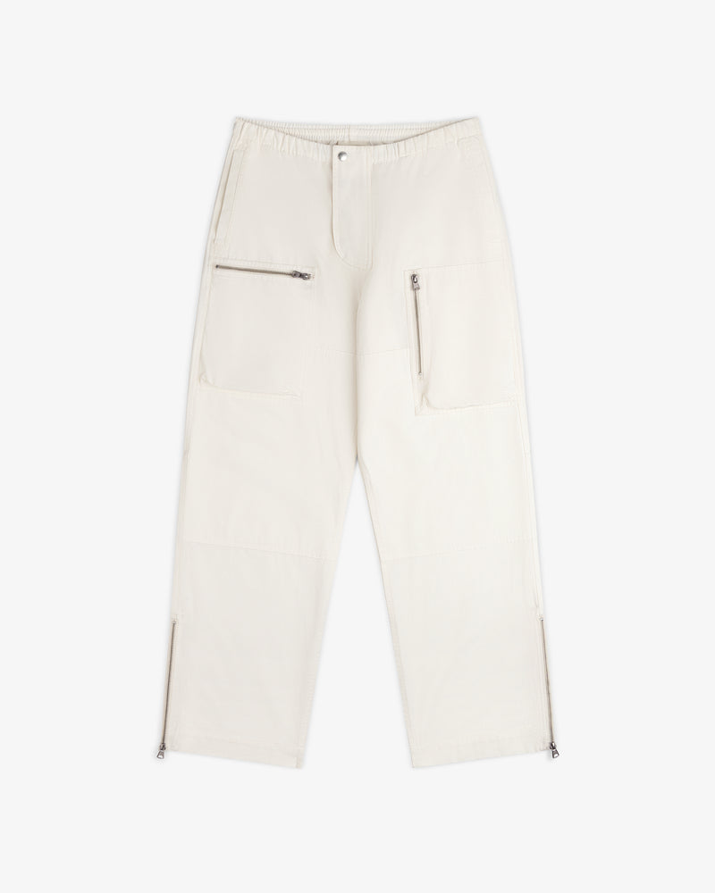 Garment Washed Aviator Pant in off-white with utility pockets and zippered leg openings.