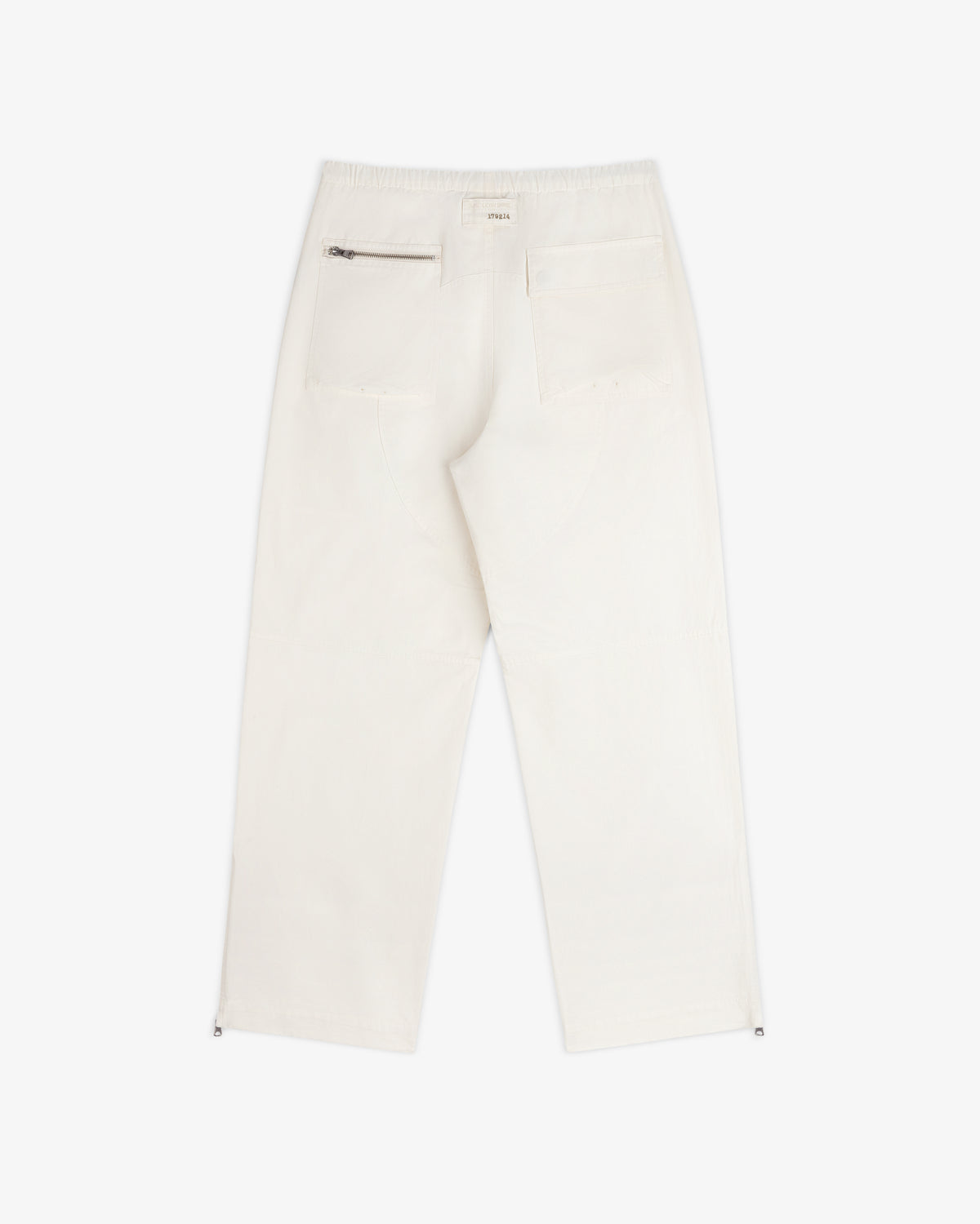 Back view of off-white Garment Washed Aviator Pant featuring an elastic waistband, zippered back pocket, and patch label.