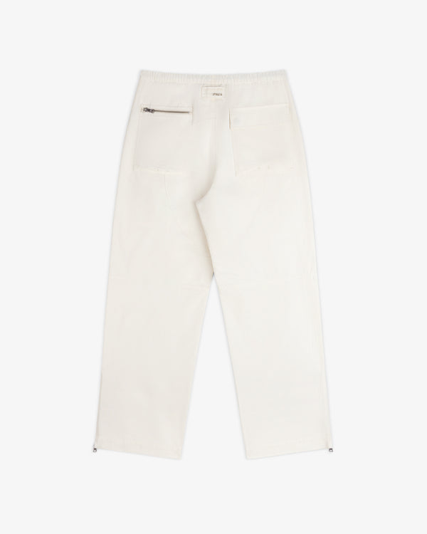 Back view of off-white Garment Washed Aviator Pant featuring an elastic waistband, zippered back pocket, and patch label.