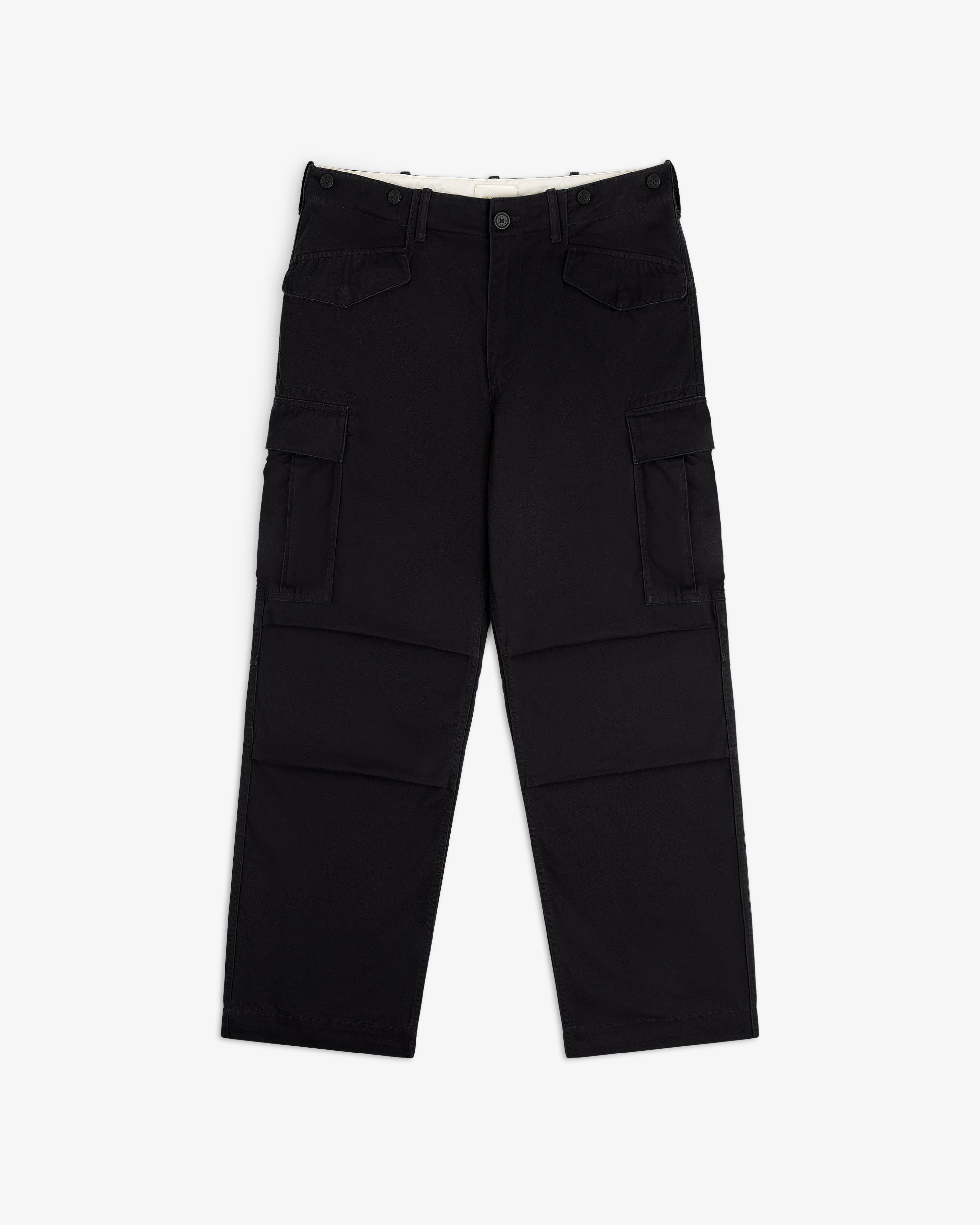 Fatigue Pant: black cargo style, straight leg, side pockets, front button closure, shown on white background.